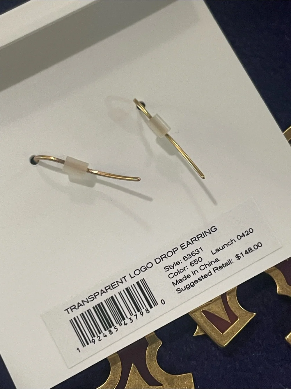 NWT~TORY BURCH~Transparent Logo Drop Earrings, Pink Blush/Rolled Gold